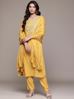 Aarke Ritu Kumar - Yellow Embroidered Kurta with Pant and Dupatta