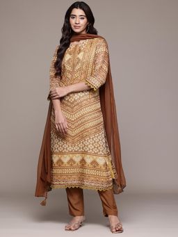 Aarke Ritu Kumar - Khaki Printed Kurta with Pant and Dupatta