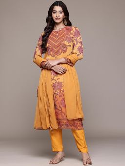 Aarke Ritu Kumar - Mustard Floral Kurta with Pant and Dupatta