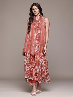Aarke Ritu Kumar - Rust Floral Kurta with Pant and Dupatta