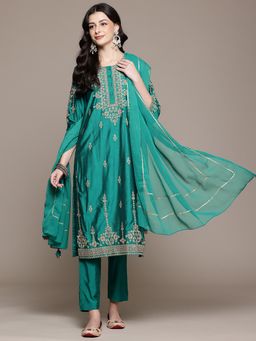 Aarke Ritu Kumar - Teal Embroidered Kurta with Pant and Dupatta
