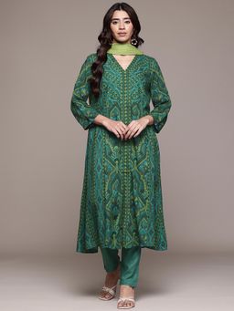 Aarke Ritu Kumar - Green Printed Kurta with Pant and Dupatta