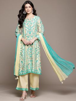Aarke Ritu Kumar - Turquoise Floral Kurta with Pant and Dupatta
