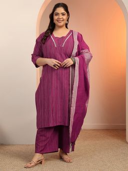 Extra love by Libas - Plus Size Women Magenta Stripes Kurta with Pant and Dupatta