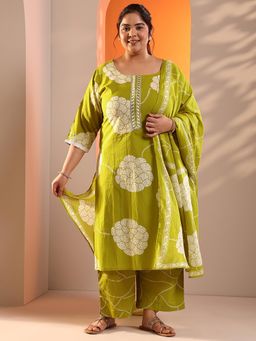 Extra love by Libas - Plus Size Women Green Floral Kurta with Palazzo and Dupatta