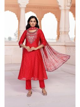 Aurelia - Red Embroidered Anarkali Kurta with Pant and Dupatta
