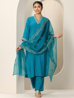 Gerua By Libas - Turquoise Embroidered Kurta with Pant and Dupatta