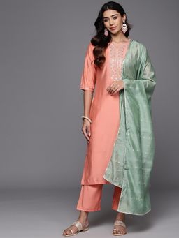 Gerua By Libas - Peach Embroidered Kurta with Pant and Dupatta