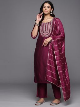 Gerua By Libas - Burgundy Embroidered Kurta with Pant and Dupatta