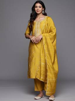 Gerua By Libas - Mustard Embroidered Kurta with Pant and Dupatta