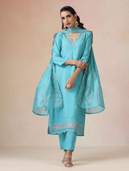 trueBrowns - Blue Floral Kurta with Pant and Dupatta