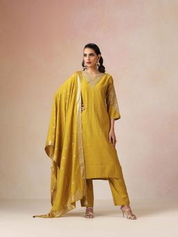 trueBrowns - Mustard Embroidered Kurta with Pant and Dupatta