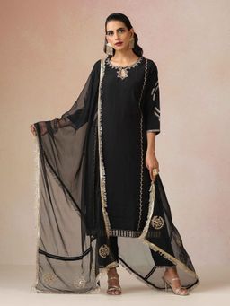 trueBrowns - Black Embroidered Kurta with Pant and Dupatta