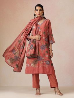 trueBrowns - Rust Floral Kurta with Pant and Dupatta