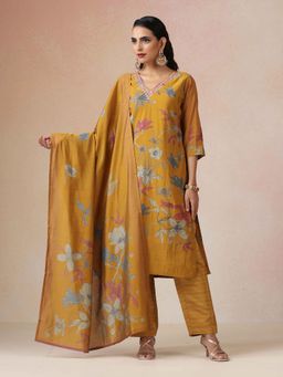 trueBrowns - Yellow Floral Kurta with Pant and Dupatta