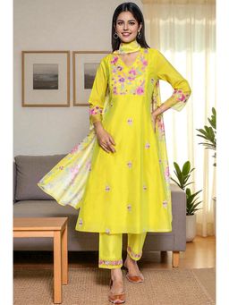 W - Yellow Floral Kurta with Pant and Dupatta