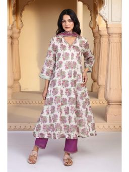 W - Beige Floral Kurta with Pant and Dupatta