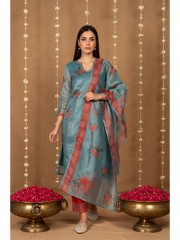 W - Teal Stripes Kurta with Pant and Dupatta