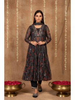 W - Black Printed Kurta with Pant and Dupatta