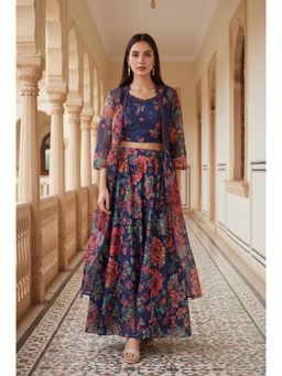 W - Navy Blue Floral Crop Top with Jacket and Skirt