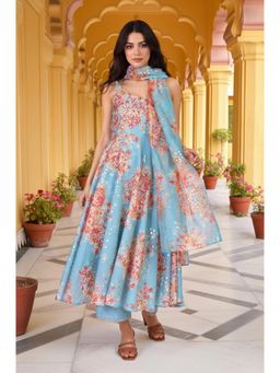 W - Turquoise Floral Kurta with Pant and Dupatta