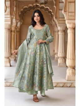 W - Green Floral Anarkali Kurta with Palazzo and Dupatta