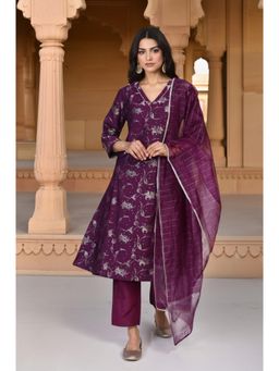 W - Purple Floral Kurta with Pant and Dupatta
