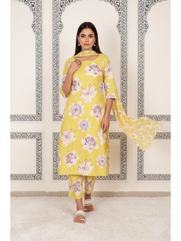 W - Yellow Floral Kurta with Pant and Dupatta