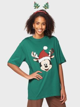 Bewakoof - Official Disney Women's Green Mickey Graphic Printed Oversized T-shirt