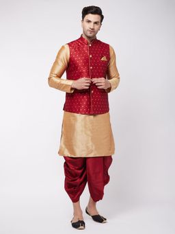 Vastramay - Mens Rose Gold & Maroon Silk Blend Jacket, Kurta with Dhoti (Set of 3)