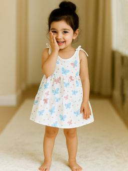 Kidbea - Butterfly Print White Organic Cotton Girls Sleeveless Dress