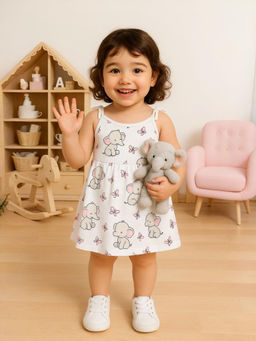 Kidbea - Elephant Print White Organic Cotton Girls Sleeveless Dress