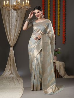 Akhilam - Womens Organza Grey Woven Design Designer Saree with Unstitched Blouse