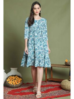 Rajnandini - Women Turquoise Pure Cotton Jaipuri Printed Knee Length Dress