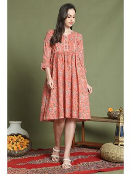 Rajnandini - Women Orange Pure Cotton Jaipuri Printed Knee Length Dress
