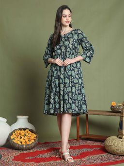 Rajnandini - Women Navy Blue Pure Cotton Jaipuri Printed Knee Length Dress