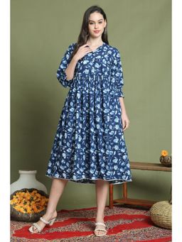 Rajnandini - Women Blue Pure Cotton Jaipuri Printed Knee Length Dress