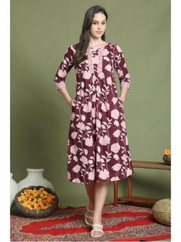 Rajnandini - Women Wine Pure Cotton Jaipuri Printed Knee Length Dress