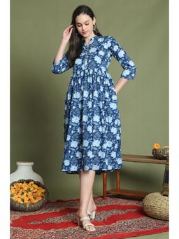 Rajnandini - Women Blue Pure Cotton Jaipuri Printed Knee Length Dress