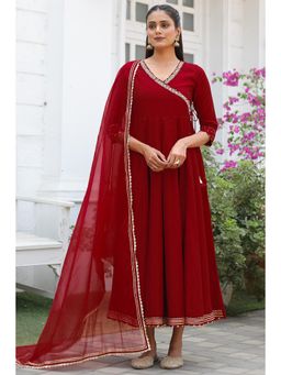 Rajnandini - Women Maroon Poly Silk Hand Work Midi Dress with Dupatta (Set of 2)