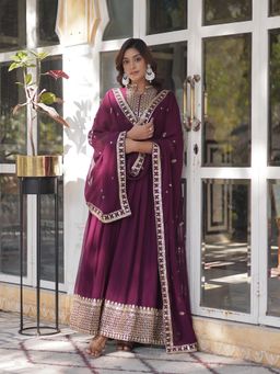 JATRIQQ - Wine Faux Blooming Georgette Sequins Embroidered Work Gown with Dupatta (Set of 2)
