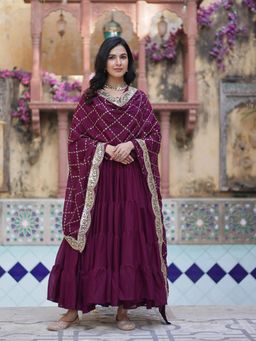 JATRIQQ - Wine Star Georgette Plain Five Frill Gown with Dupatta (Set of 2)