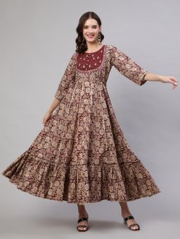 MIZAZJAIPUR - Women Cotton Printed Round Nack Three Fourth Sleeve Flared Maxi Dress