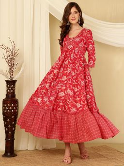 MIZAZJAIPUR - Women Cotton Printed V-Neck Three Fourth Sleeve Flared Maxi Dress