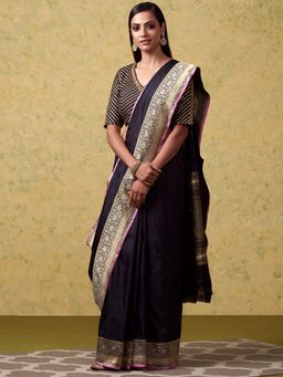 WeaverStory - Handloom Black Katan Silk Banarasi With Unstitched Blouse