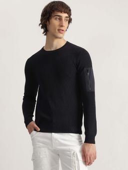 Antony Morato - Men Black Ribbed Solid Round Neck Full Sleeves Sweater