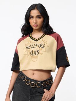 The Souled Store - Tan Printed Casual Oversized V-Neck T-Shirt