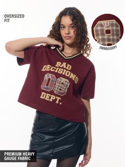 The Souled Store - Maroon Embroidered Casual Oversized V-Neck T-Shirt