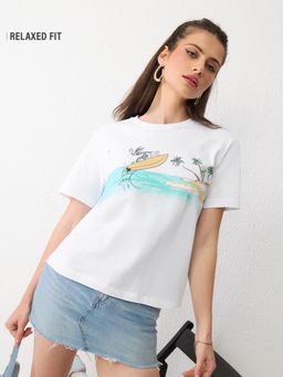 The Souled Store - White Character Casual Relaxed Round Neck T-Shirt
