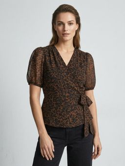 ANVI Be Yourself - Animal Printed Brown Chiffon V Neck Short Sleeve Waist Tie-ups Wrap Top